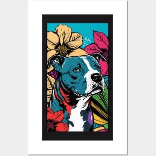 American Staffordshire Terrier PitBull Dog Vibrant Tropical Flower Tall Retro Vintage Digital Pop Art Portrait 2 Posters and Art